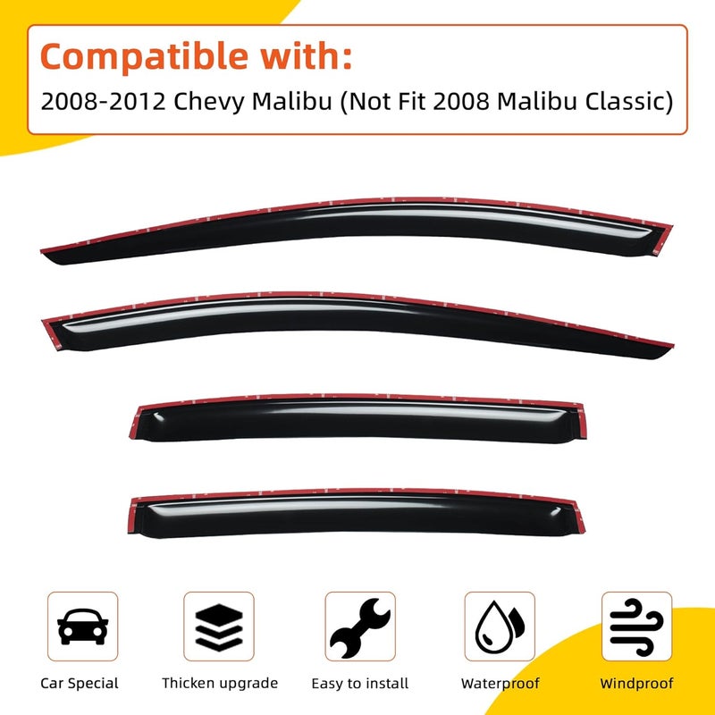 PLDDE Rain Guards Compatible with 2008-2012 Chevy Malibu Front+Rear Smoke Tint Tape-On Side Window Visor Wind Deflector Vent Visors Car Accessories 4pcs - Image 2